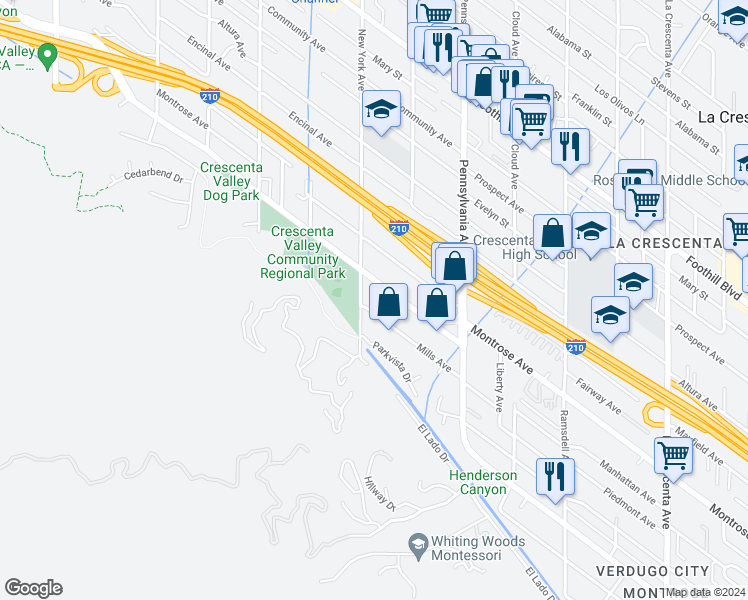 map of restaurants, bars, coffee shops, grocery stores, and more near 3359 Mills Avenue in Glendale