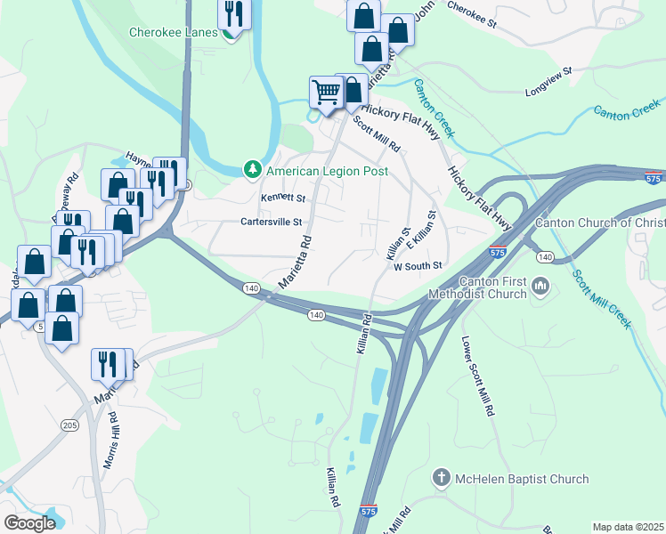 map of restaurants, bars, coffee shops, grocery stores, and more near 116 Coppermine Branch Court in Canton