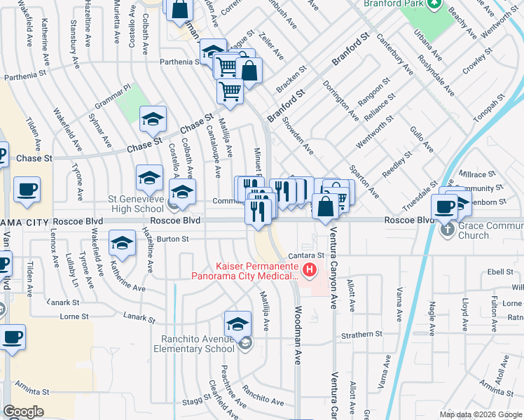 map of restaurants, bars, coffee shops, grocery stores, and more near 13736 Community Street in Los Angeles