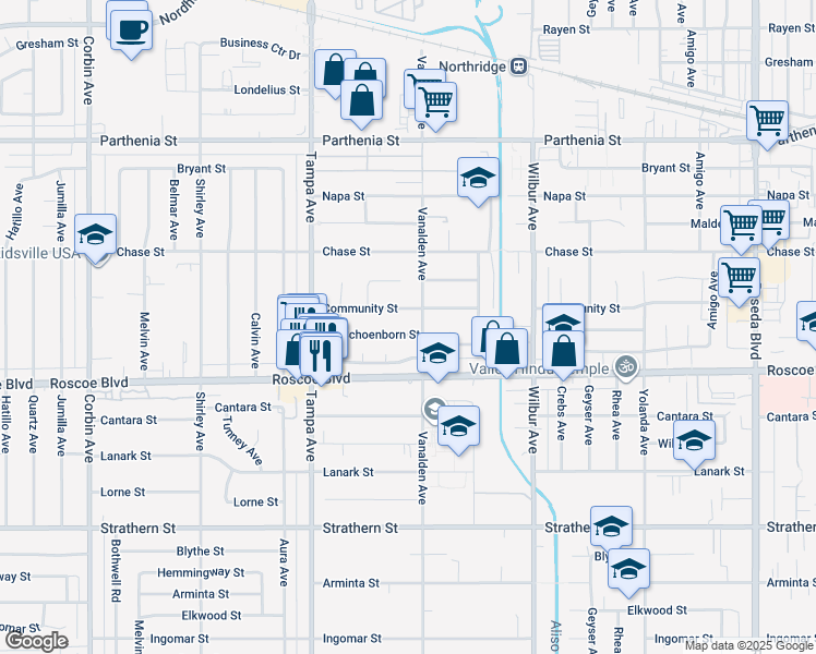 map of restaurants, bars, coffee shops, grocery stores, and more near 19113 Schoenborn Street in Los Angeles