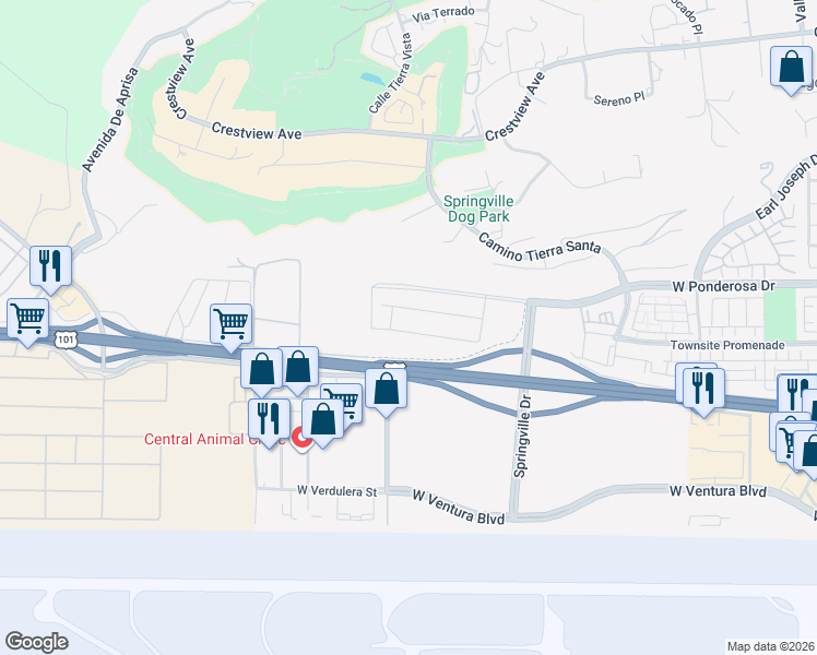 map of restaurants, bars, coffee shops, grocery stores, and more near 779 Edward Scholle Drive in Camarillo