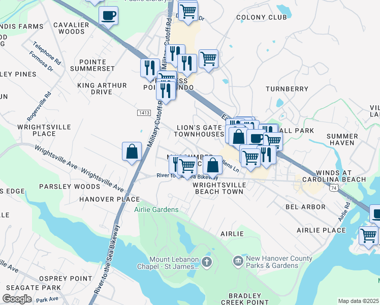 map of restaurants, bars, coffee shops, grocery stores, and more near 6706 Cable Car Lane in Wilmington