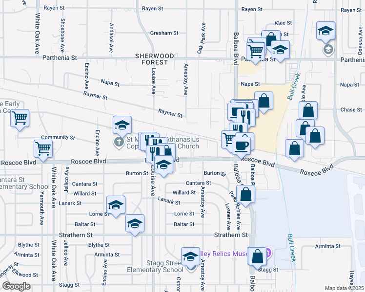 map of restaurants, bars, coffee shops, grocery stores, and more near 17171 Roscoe Blvd in Northridge