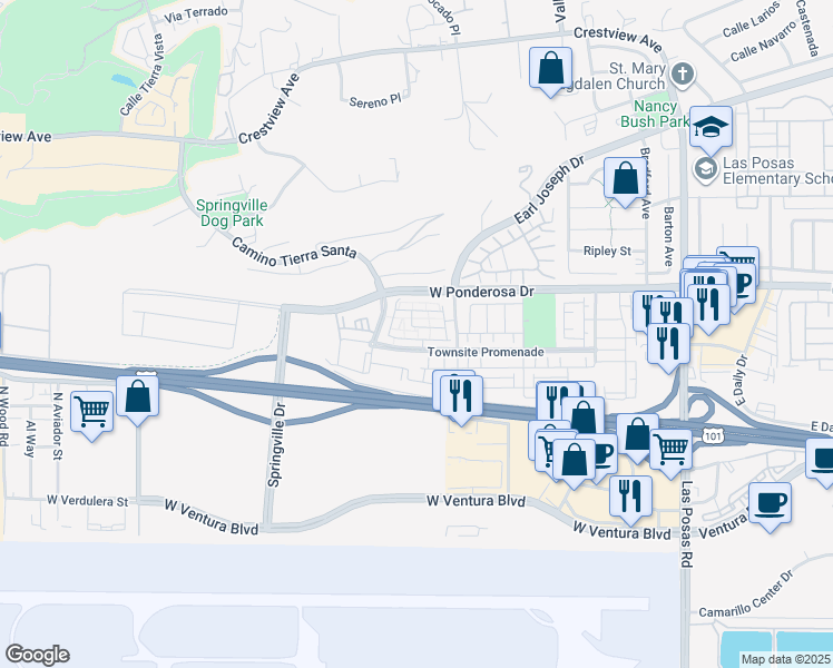 map of restaurants, bars, coffee shops, grocery stores, and more near 350 Serra Street in Camarillo