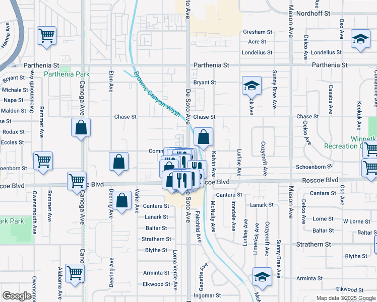 map of restaurants, bars, coffee shops, grocery stores, and more near 20921 Community Street in Los Angeles