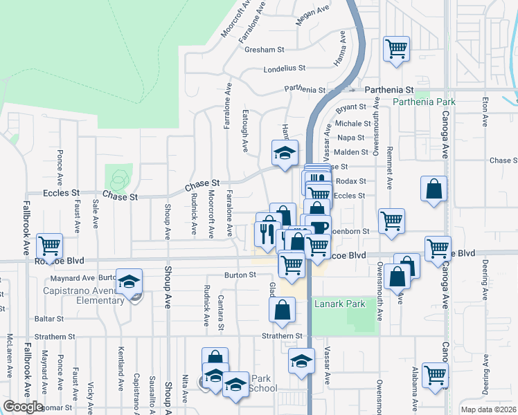 map of restaurants, bars, coffee shops, grocery stores, and more near 22115 Hackney Street in Los Angeles
