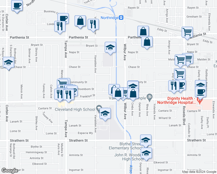 map of restaurants, bars, coffee shops, grocery stores, and more near 8355 Wystone Avenue in Los Angeles