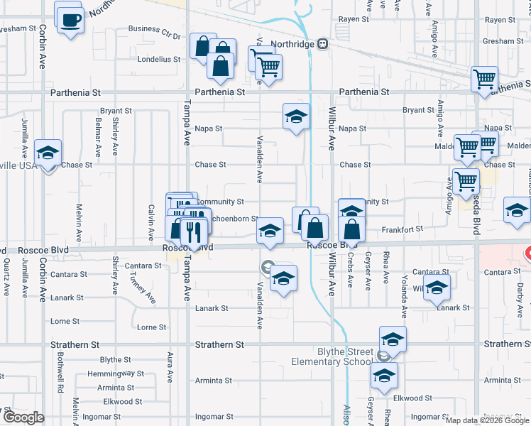 map of restaurants, bars, coffee shops, grocery stores, and more near 8356 Vanalden Avenue in Los Angeles