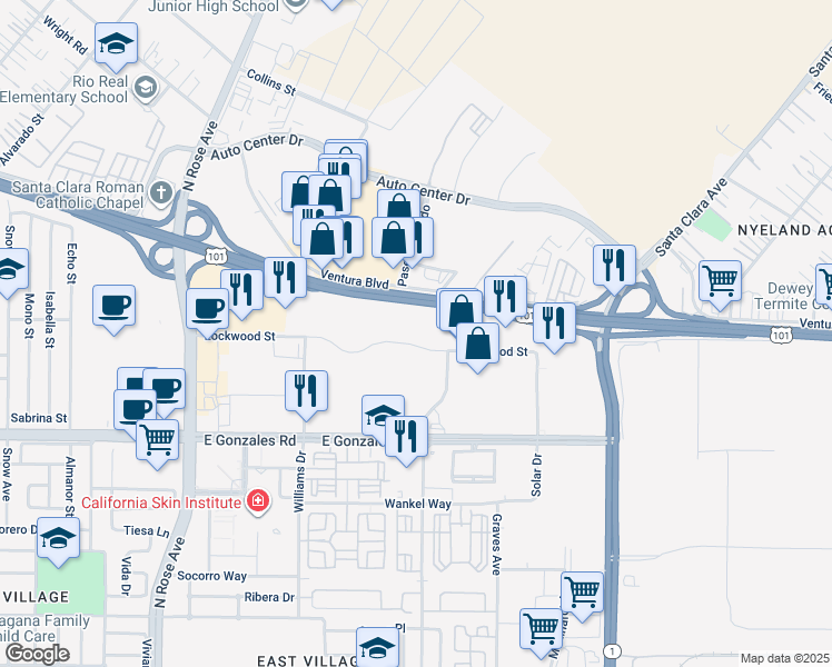 map of restaurants, bars, coffee shops, grocery stores, and more near 2151 Lockwood Street in Oxnard