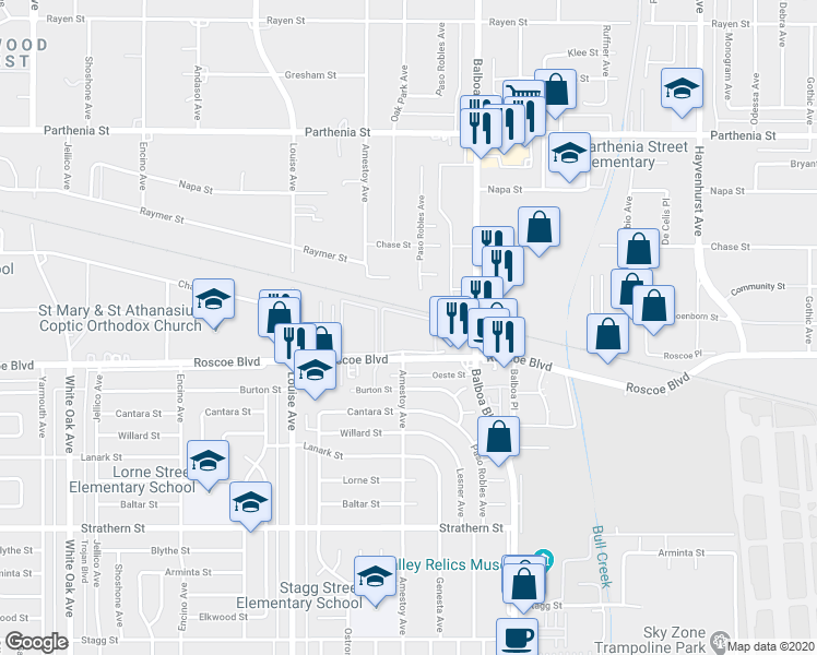 map of restaurants, bars, coffee shops, grocery stores, and more near 17053 Roscoe Boulevard in Los Angeles