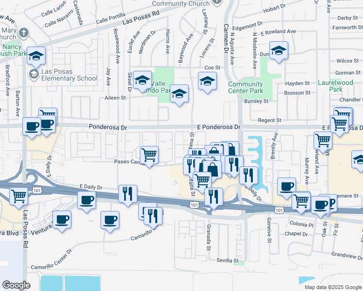 map of restaurants, bars, coffee shops, grocery stores, and more near 657 Lantana Street in Camarillo
