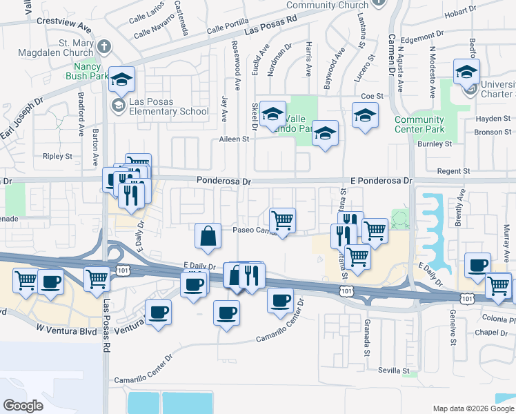 map of restaurants, bars, coffee shops, grocery stores, and more near 650 Rosewood Avenue in Camarillo