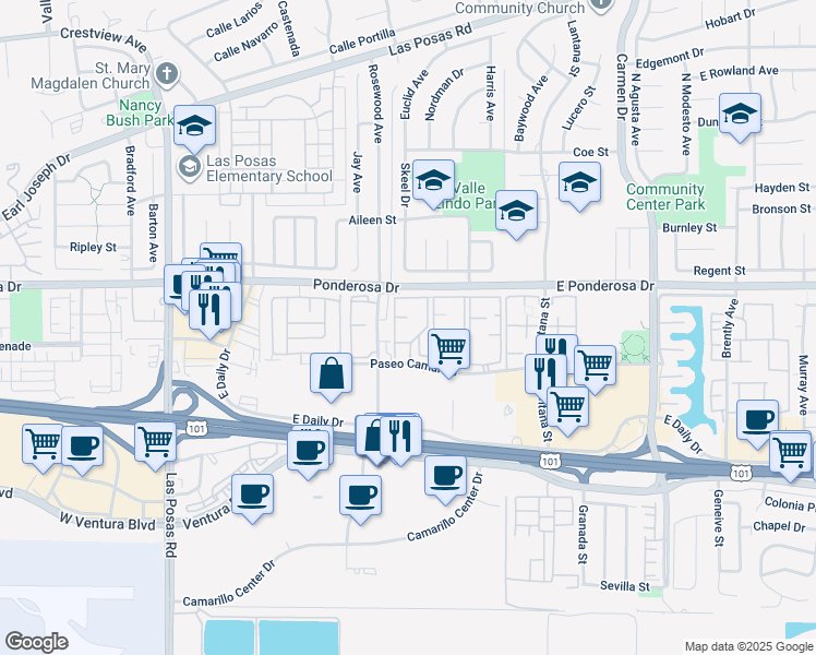map of restaurants, bars, coffee shops, grocery stores, and more near 650 Rosewood Avenue in Camarillo