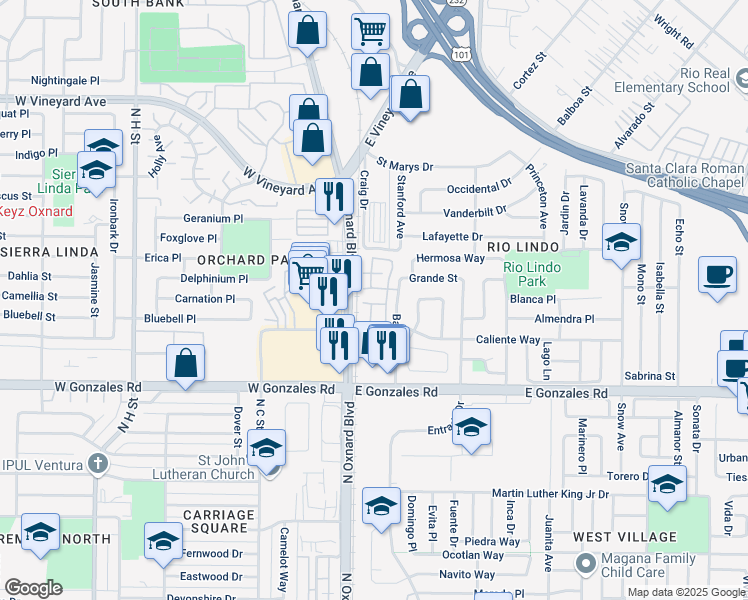 map of restaurants, bars, coffee shops, grocery stores, and more near 202 Galante Way in Oxnard