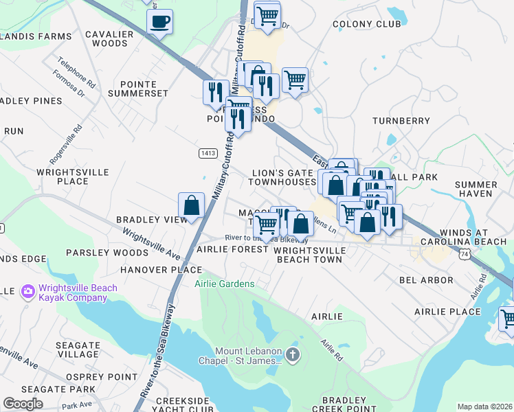 map of restaurants, bars, coffee shops, grocery stores, and more near in Wilmington
