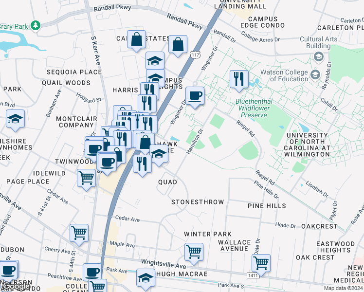 map of restaurants, bars, coffee shops, grocery stores, and more near 751 Hamilton Drive in Wilmington