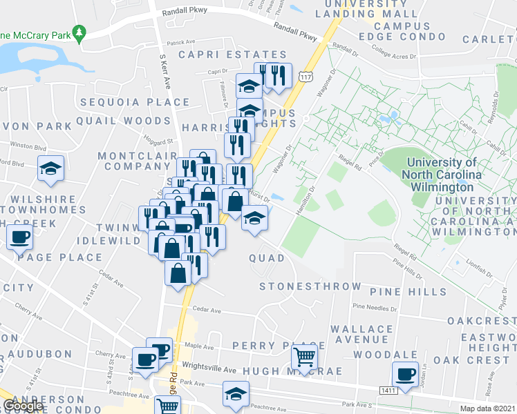 map of restaurants, bars, coffee shops, grocery stores, and more near in Wilmington