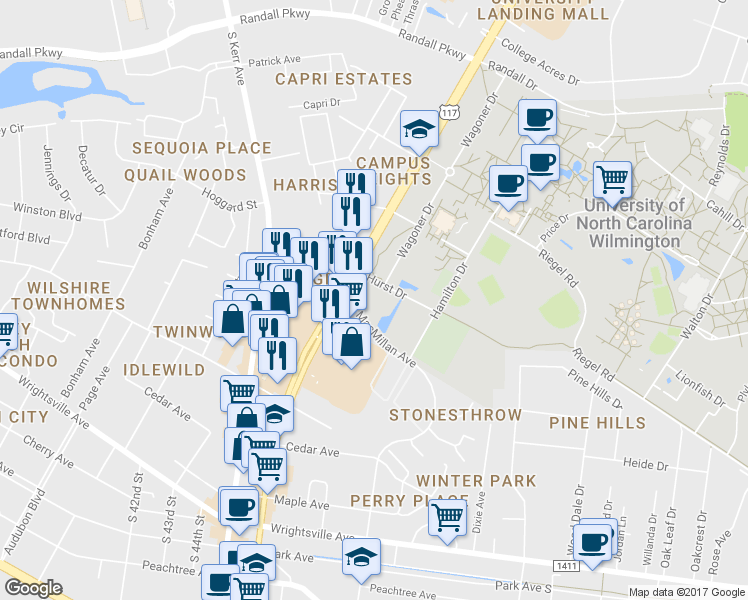 map of restaurants, bars, coffee shops, grocery stores, and more near in Wilmington