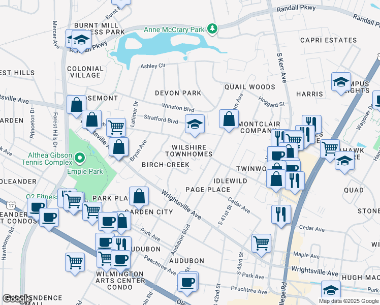 map of restaurants, bars, coffee shops, grocery stores, and more near 974 Downey Branch Lane in Wilmington