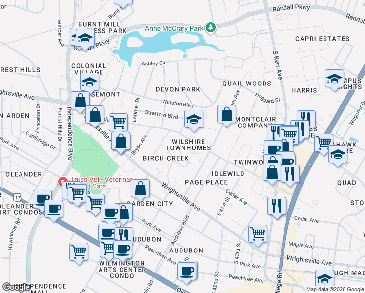 map of restaurants, bars, coffee shops, grocery stores, and more near 974 Downey Branch Lane in Wilmington