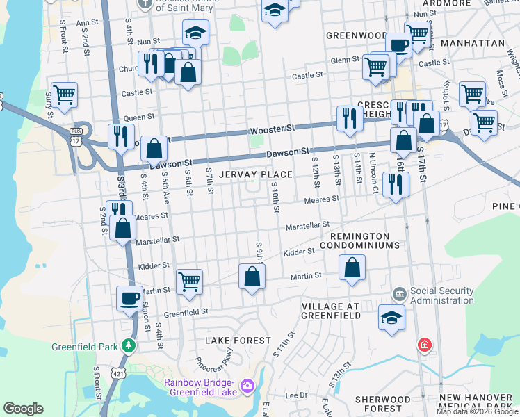 map of restaurants, bars, coffee shops, grocery stores, and more near 1036 South 10th Street in Wilmington