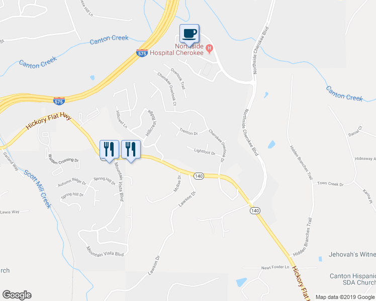 map of restaurants, bars, coffee shops, grocery stores, and more near 1210 Lightfoot Drive in Canton