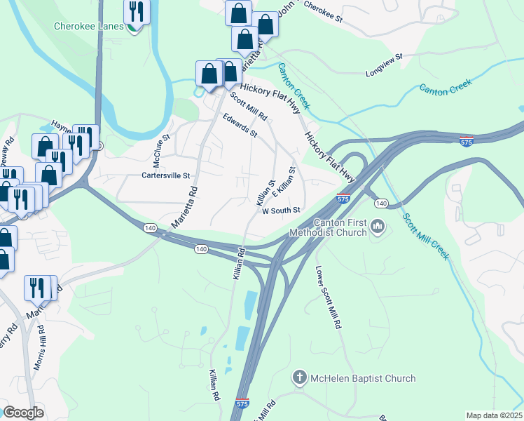 map of restaurants, bars, coffee shops, grocery stores, and more near 300 Killian Street in Canton