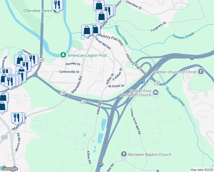 map of restaurants, bars, coffee shops, grocery stores, and more near 300 Killian Street in Canton
