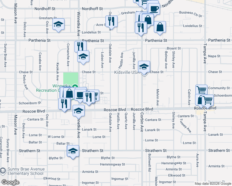 map of restaurants, bars, coffee shops, grocery stores, and more near 8367 Hatillo Avenue in Canoga Park