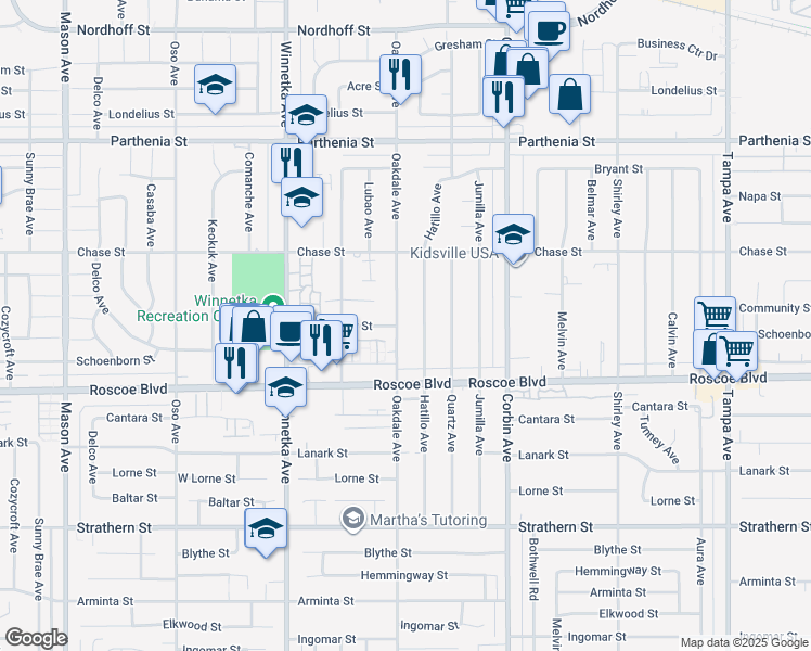 map of restaurants, bars, coffee shops, grocery stores, and more near 8366 Oakdale Avenue in Los Angeles