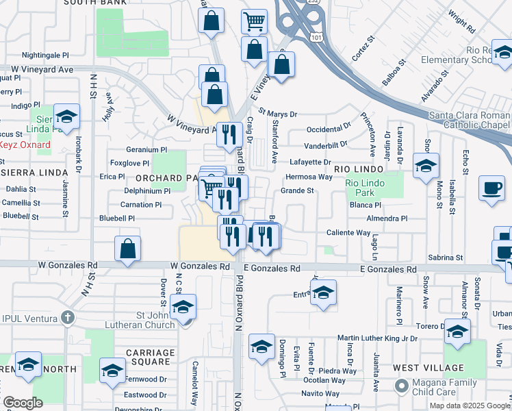 map of restaurants, bars, coffee shops, grocery stores, and more near 202 Galante Way in Oxnard