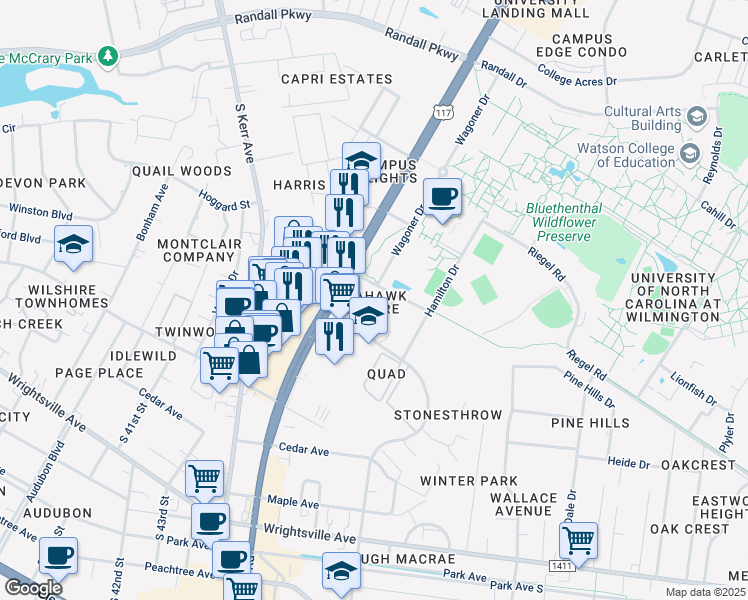 map of restaurants, bars, coffee shops, grocery stores, and more near 4756 Seahawk Court in Wilmington