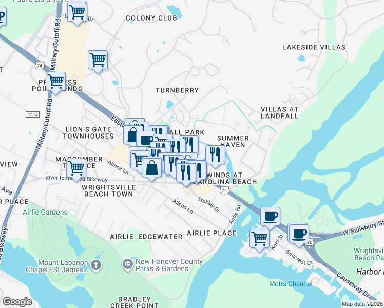 map of restaurants, bars, coffee shops, grocery stores, and more near 2029 Eastwood Road in Wilmington