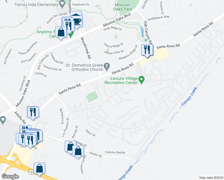 map of restaurants, bars, coffee shops, grocery stores, and more near 7213 Village 7 in Camarillo