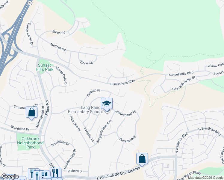 map of restaurants, bars, coffee shops, grocery stores, and more near 2457 Rutland Place in Thousand Oaks