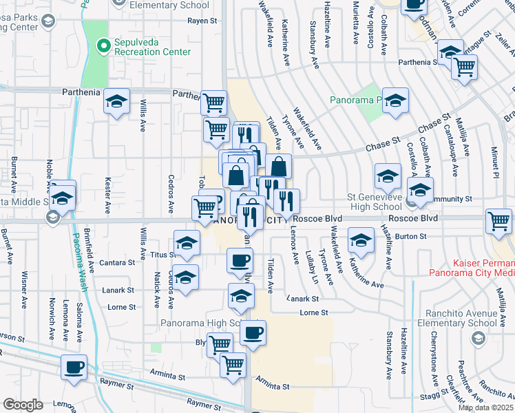 map of restaurants, bars, coffee shops, grocery stores, and more near 8324 Van Nuys Boulevard in Los Angeles