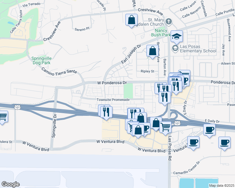 map of restaurants, bars, coffee shops, grocery stores, and more near 375 Calistoga Road in Camarillo