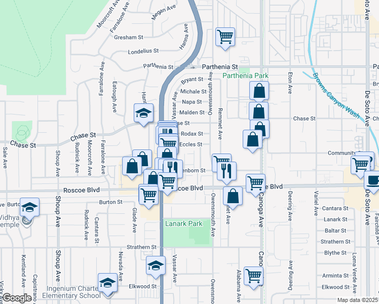 map of restaurants, bars, coffee shops, grocery stores, and more near 8380 Northgate Avenue in Canoga Park