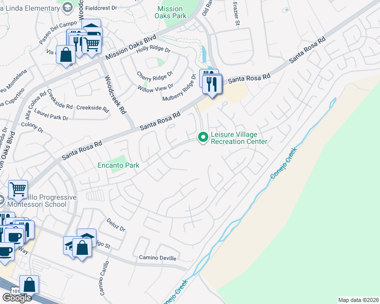 map of restaurants, bars, coffee shops, grocery stores, and more near 14114 Village 8 in Camarillo