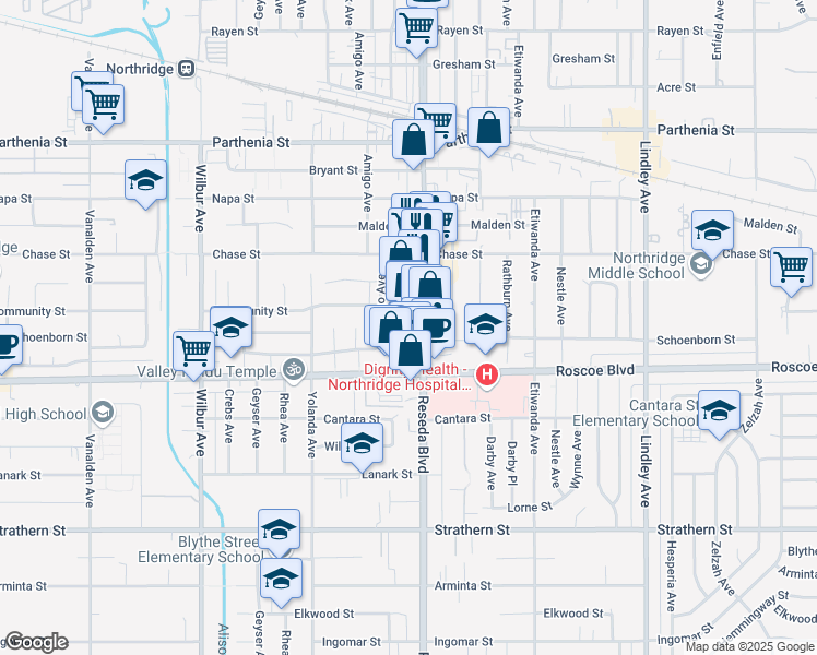 map of restaurants, bars, coffee shops, grocery stores, and more near 8354 Reseda Boulevard in Los Angeles