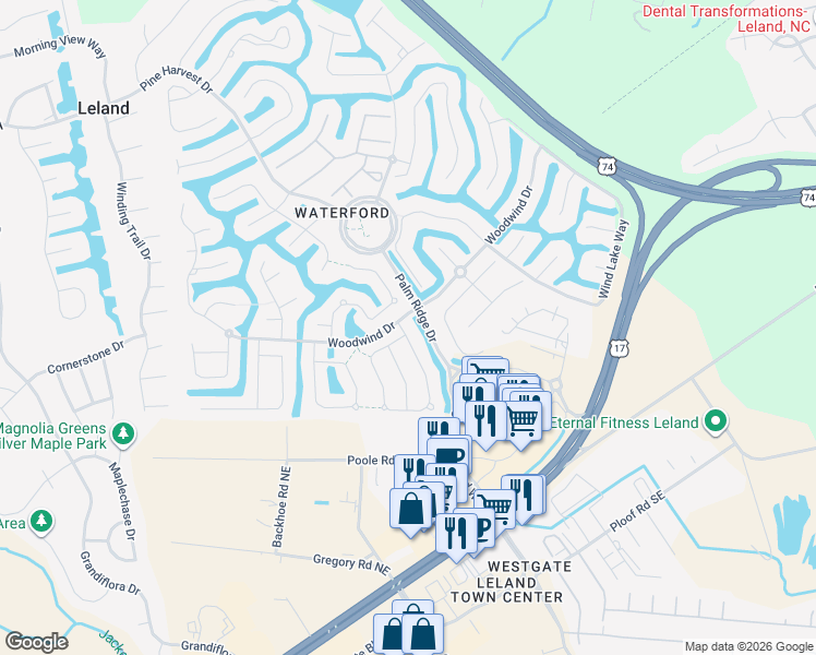 map of restaurants, bars, coffee shops, grocery stores, and more near 1002 Garden Club Way in Leland