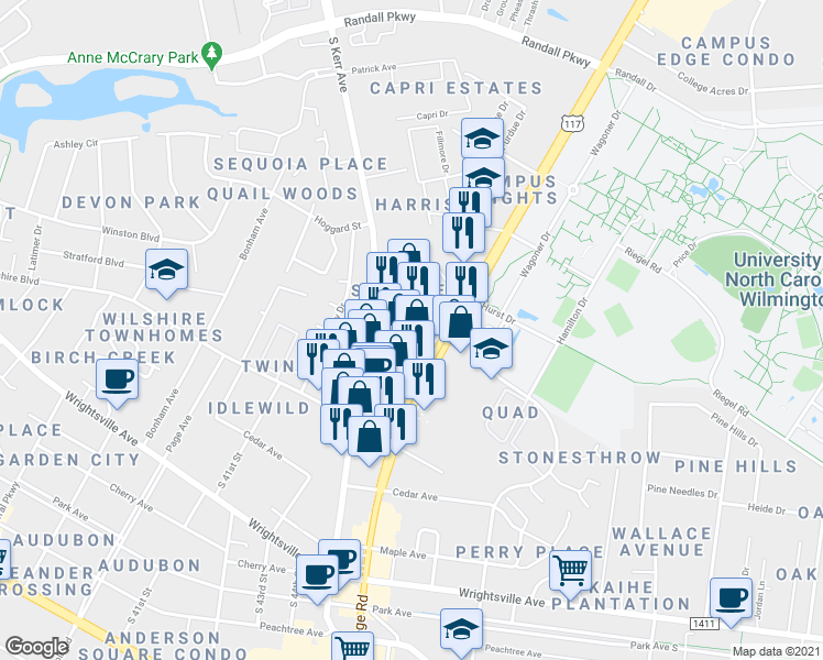 map of restaurants, bars, coffee shops, grocery stores, and more near 4542 Fountain Drive in Wilmington