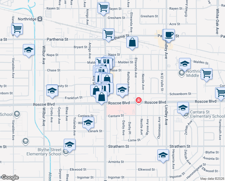map of restaurants, bars, coffee shops, grocery stores, and more near 18416 Community Street in Los Angeles