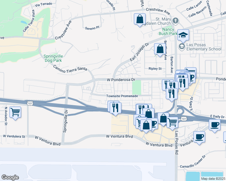 map of restaurants, bars, coffee shops, grocery stores, and more near 655 Earl Joseph Drive in Camarillo