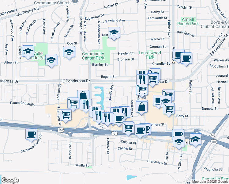 map of restaurants, bars, coffee shops, grocery stores, and more near 1772 Del Prado Drive in Camarillo