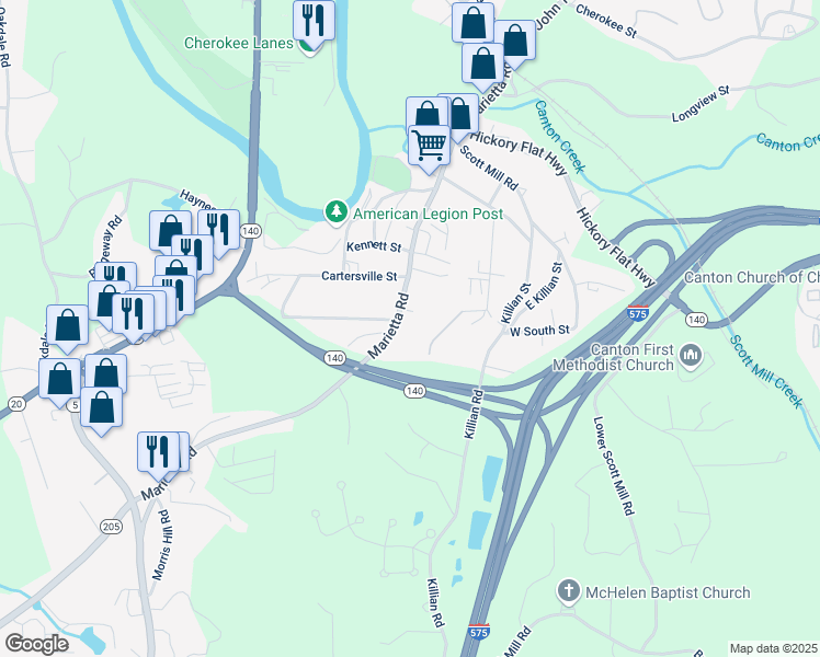 map of restaurants, bars, coffee shops, grocery stores, and more near 116 Coppermine Branch Court in Canton