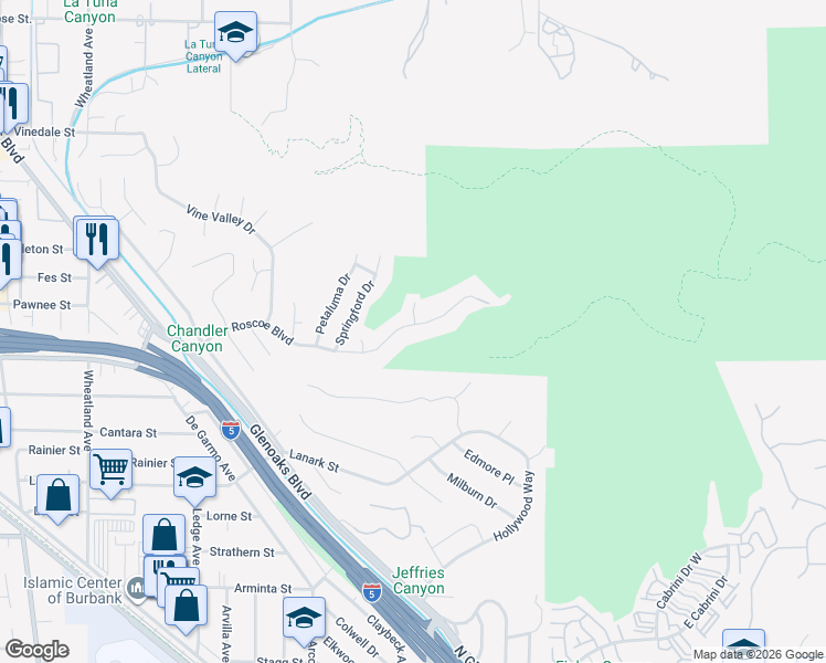 map of restaurants, bars, coffee shops, grocery stores, and more near 10022 Roscoe Boulevard in Los Angeles