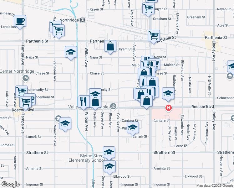 map of restaurants, bars, coffee shops, grocery stores, and more near 18701 Schoenborn Street in Los Angeles