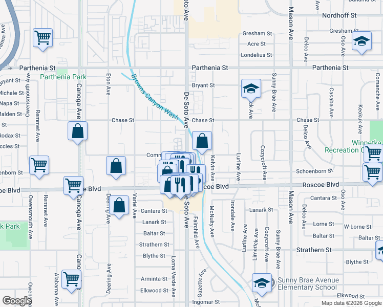 map of restaurants, bars, coffee shops, grocery stores, and more near 20851 Community Street in Los Angeles