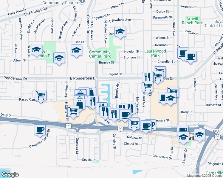 map of restaurants, bars, coffee shops, grocery stores, and more near 576 Chapala Drive in Camarillo